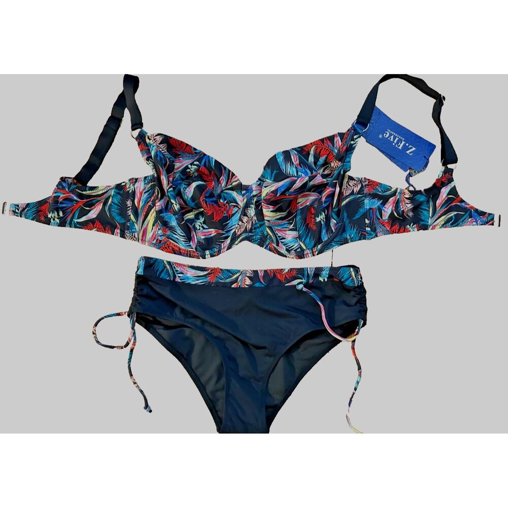 Womens XL DDD/G Black Floral Print Swimsuit Bikini Set 2Piece Unlined Underwire